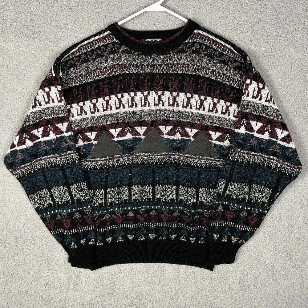 VTG Campus Acrylic Sweater Mens Large Tall LT w/ Leather Trim Geometric Pattern